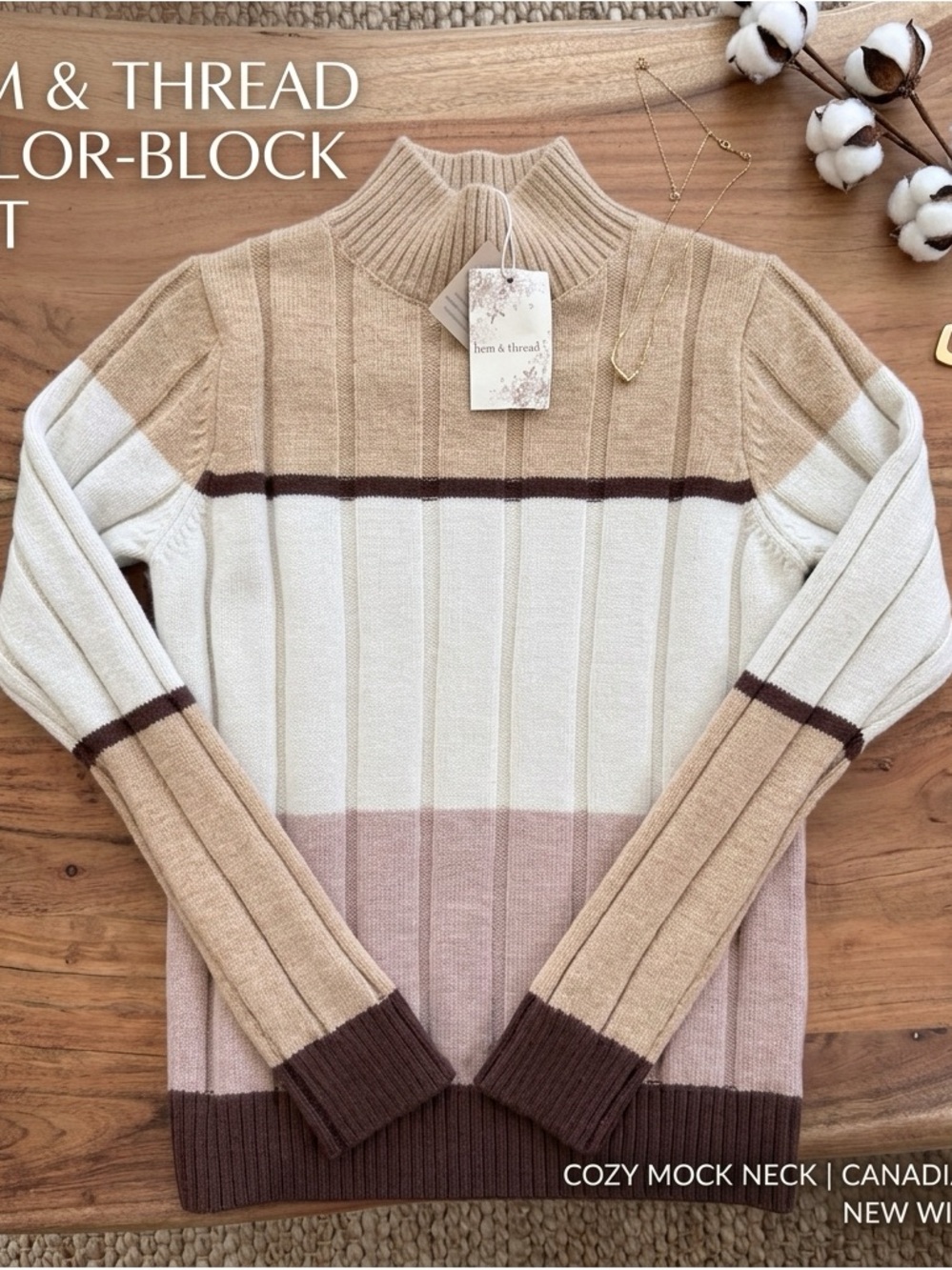 Hem & Thread Color Block Mock Neck Sweater Size S NWT